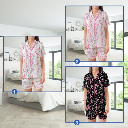 Breast Cancer Satin Pajamas Set, Wear Pink In October Pajama Set, Pink Ribbon Sleepwear, Floral Breast Cancer Support Gift for Fighter