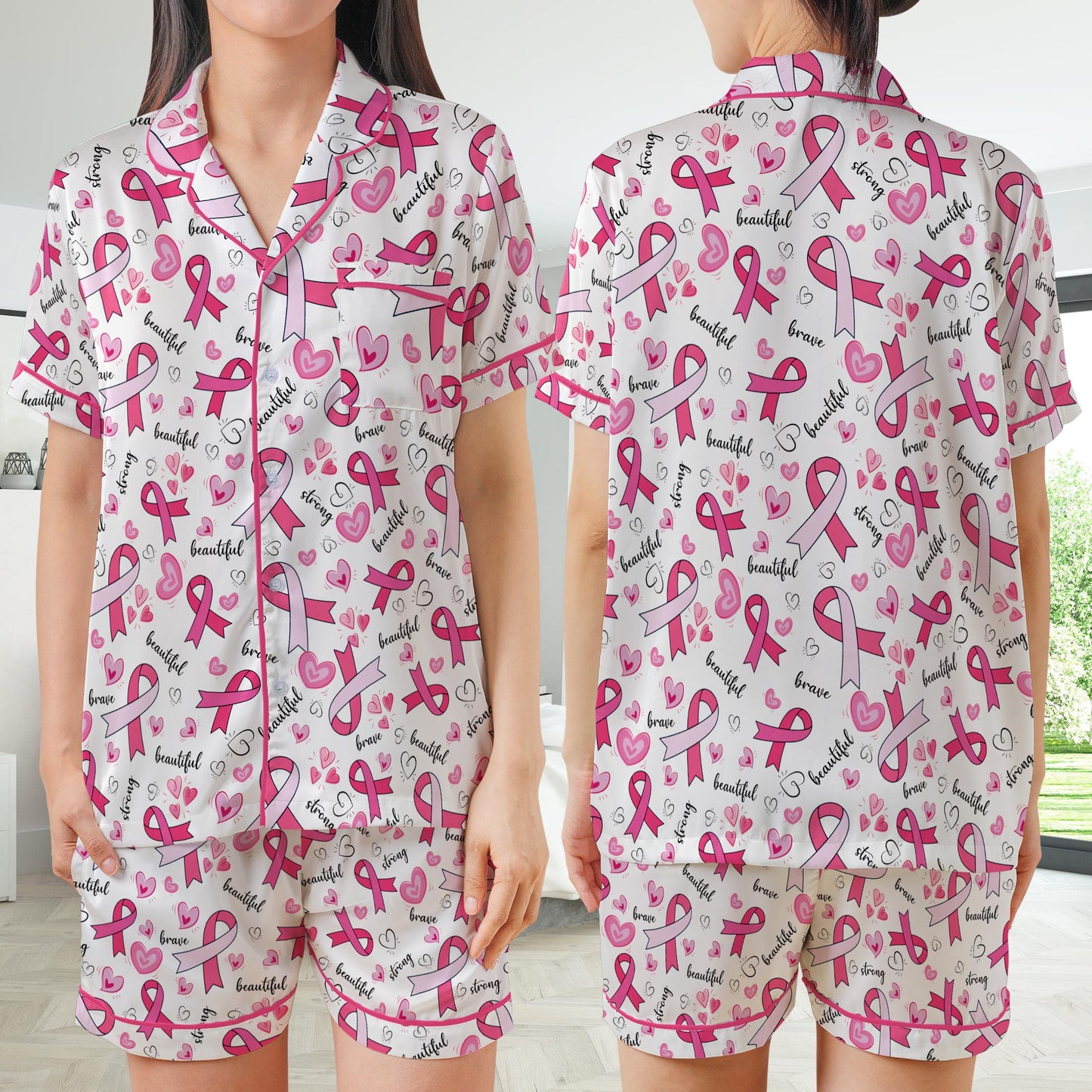 Pink Ribbon Satin Pajamas Set, Wear Pink In October Pajama Set, Breast Cancer Awareness Sleepwear Floral Breast Cancer Support Pajamas Gift