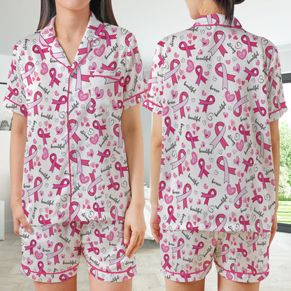 Pink Ribbon Satin Pajamas Set, Wear Pink In October Pajama Set, Breast Cancer Awareness Sleepwear Floral Breast Cancer Support Pajamas Gift