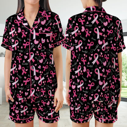 Pink Ribbon Satin Pajamas Set, Wear Pink In October Pajama Set, Breast Cancer Awareness Sleepwear Floral Breast Cancer Support Pajamas Gift
