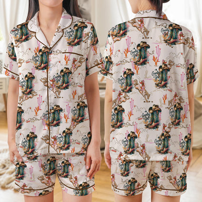 Country Girl AOP Satin Pajamas , Comfortable Short Sleeve Pajama Set , Gift for Her