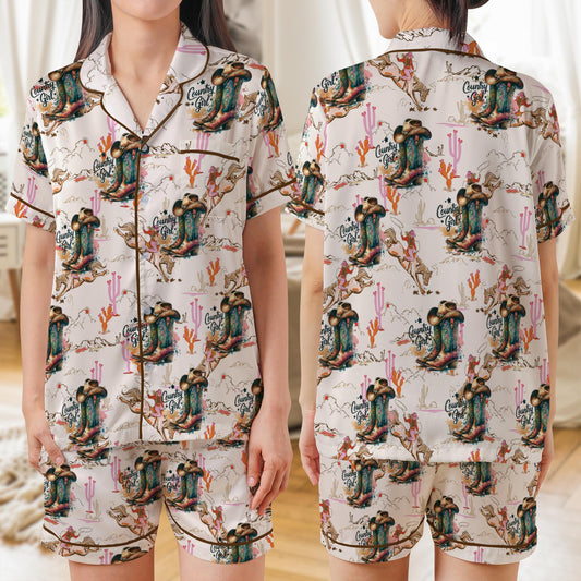 Country Girl AOP Satin Pajamas , Comfortable Short Sleeve Pajama Set , Gift for Her