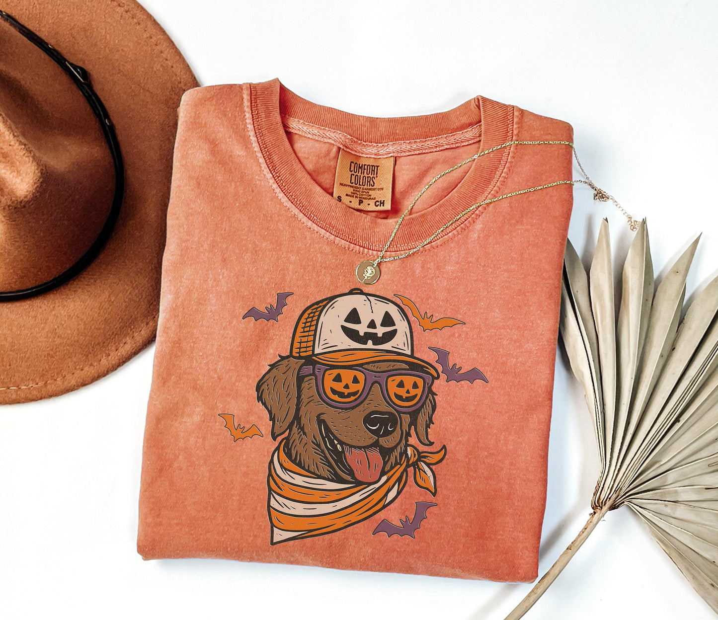 Comfort Colors® Chocolate Lab with Pumpkin Trucker Hat and Sunglasses Shirt, Halloween Cool Dog, Fall Pet Halloween Shirt for Dog Lovers