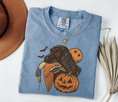 Comfort Colors® Halloween Hunting Dog Shirt, Funny Fall Thanksgiving with Pumpkins Bats Shirt, Spooky Duck Hunt Fall Jack O’ Lantern Shirt