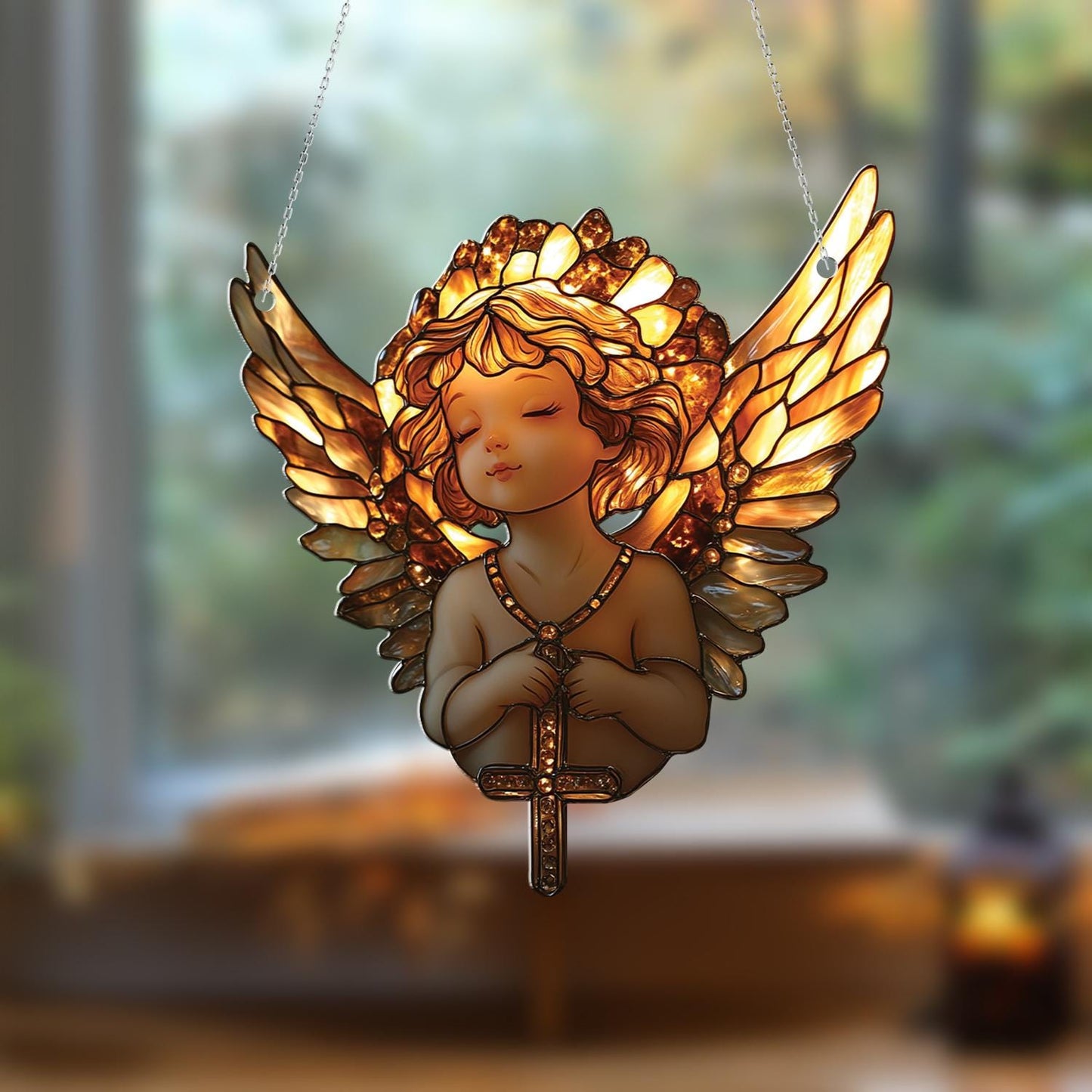 Cherub Angel Window Hanging, Elegant Angel Ornament, Home Decor for Living Room, Beautiful Angel Decor, Gift for Christmas, Prayer Angel