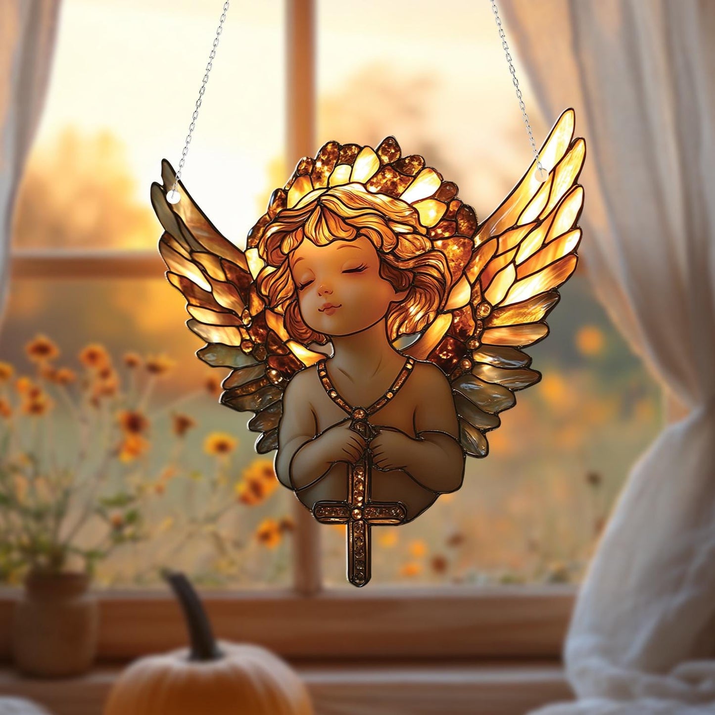 Cherub Angel Window Hanging, Elegant Angel Ornament, Home Decor for Living Room, Beautiful Angel Decor, Gift for Christmas, Prayer Angel