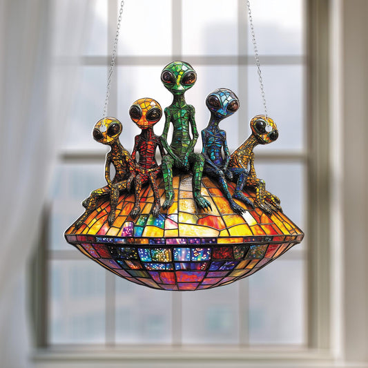 Alien Family UFO Window Hanging, Colorful Extraterrestrial Decor, Fun Sci-Fi Ornament, Unique Gift for Alien Enthusiasts