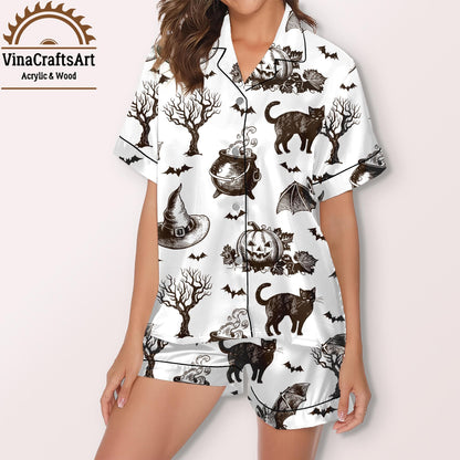 Bewitched Vintage Halloween Pajamas – Black Cat, Bat & Witch Hat Print Sleepwear Set – Spooky Cozy Loungewear for Women