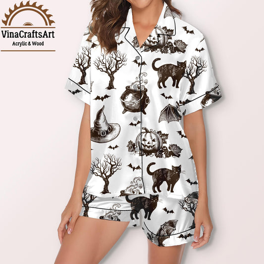 Bewitched Vintage Halloween Pajamas – Black Cat, Bat & Witch Hat Print Sleepwear Set – Spooky Cozy Loungewear for Women