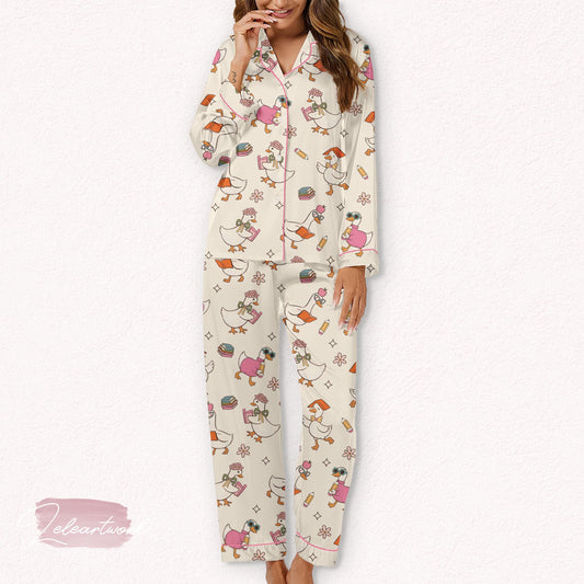 Back to School Goose Set – Cute Teacher Pajamas with Bookish Goose Print, Cozy Sleepwear for Fall, Classroom, or Study Nights