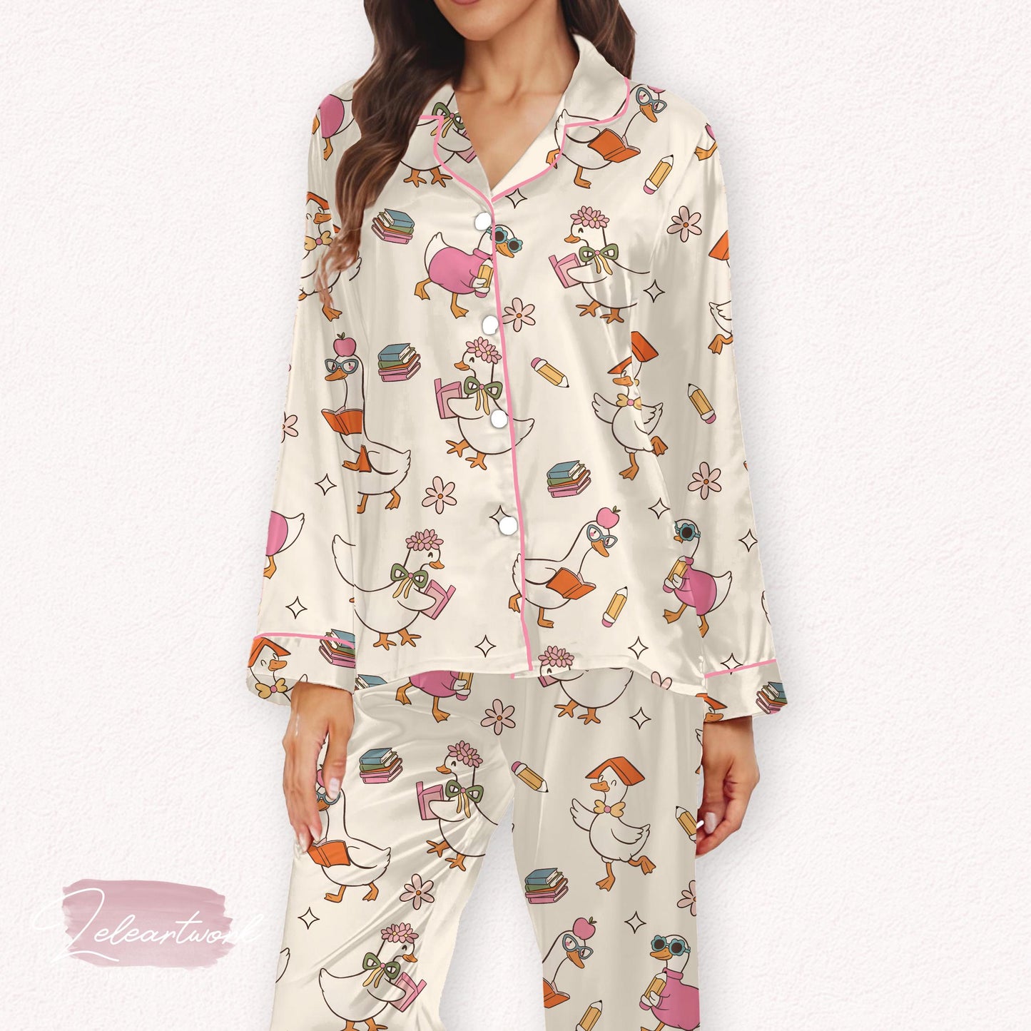 Back to School Goose Set – Cute Teacher Pajamas with Bookish Goose Print, Cozy Sleepwear for Fall, Classroom, or Study Nights