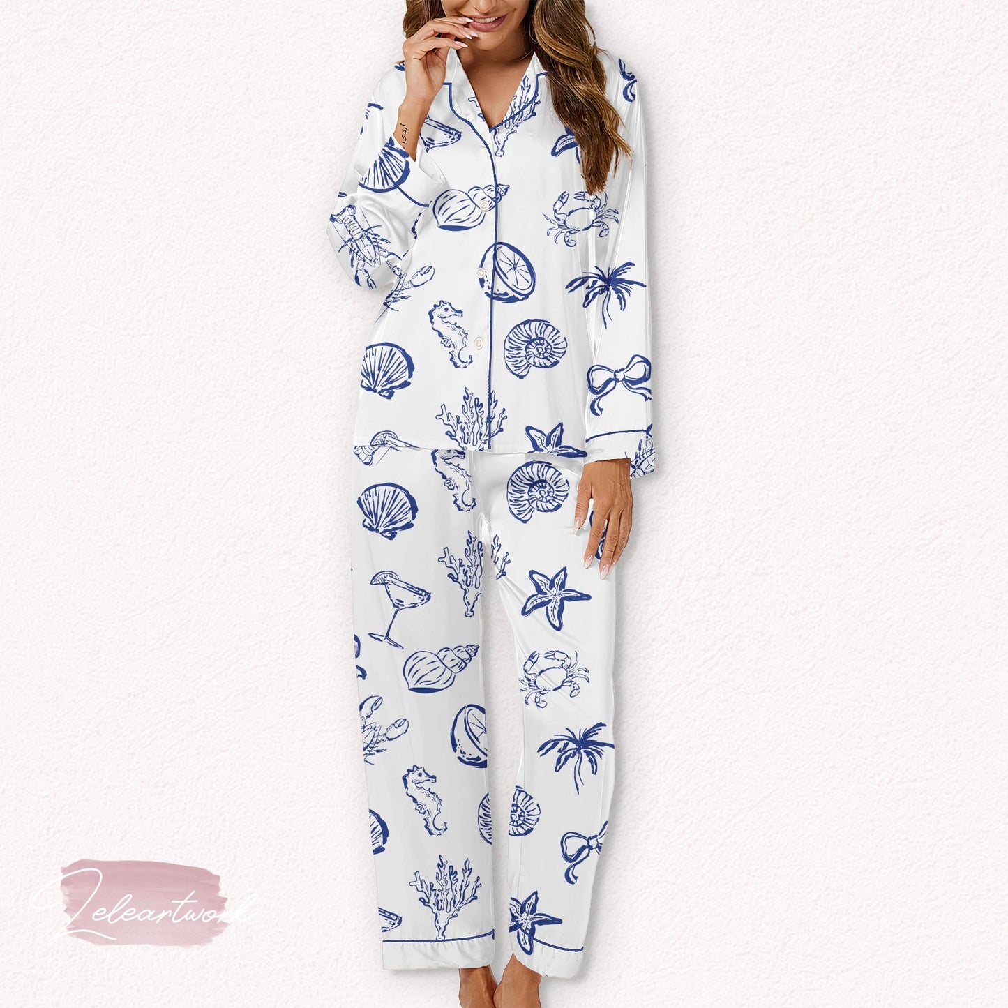 Beach Coastal Set – Nautical Summer Pajamas with Seashell, Coral & Cocktail Print | Ocean Lover Loungewear | Resort Sleep Set