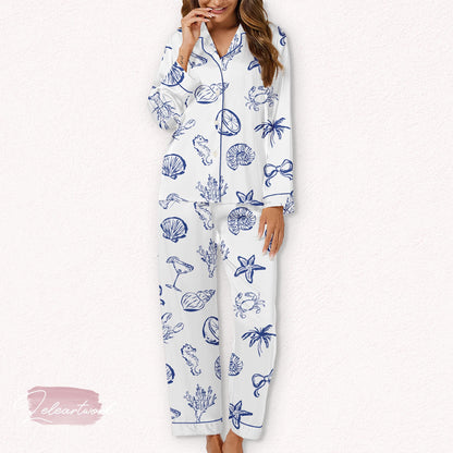 Beach Coastal Set – Nautical Summer Pajamas with Seashell, Coral & Cocktail Print | Ocean Lover Loungewear | Resort Sleep Set