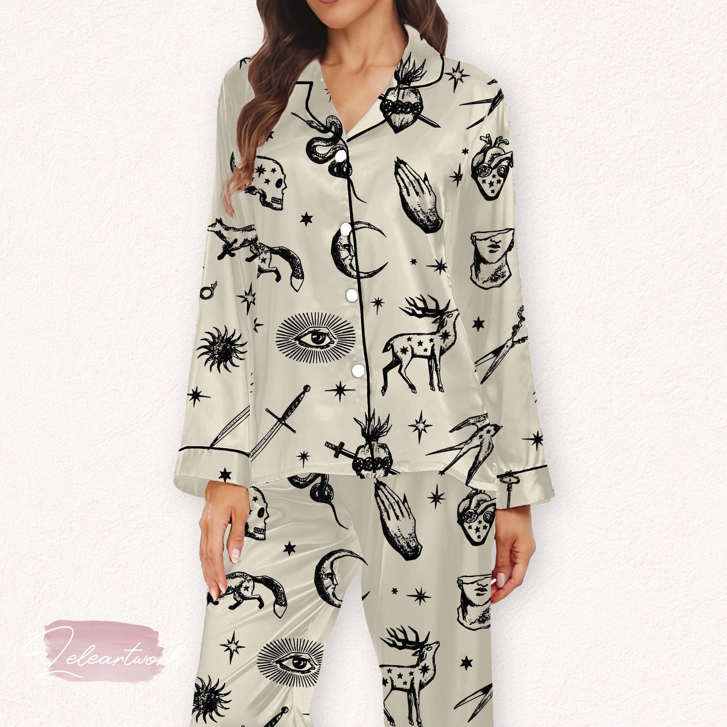 Dark Academia Set – Gothic Satin Pajamas with Symbolic Illustrations | Occult Loungewear for Aesthetic Sleepwear & Cozy Academia Nights