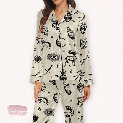 Dark Academia Set – Gothic Satin Pajamas with Symbolic Illustrations | Occult Loungewear for Aesthetic Sleepwear & Cozy Academia Nights