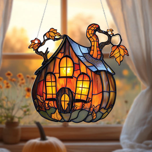 Pumpkin House Window Hanging Fall Decor – Autumn Cottage Ornament, Halloween Porch Accent, Cozy Home Decoration for Seasonal Charm