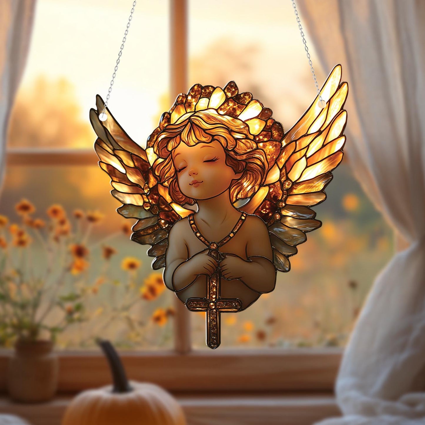 Angel Window Hanging Cross Decor – Spiritual Guardian Angel Ornament for Home, Fall Faith Gift, Memorial Christian Art for Window Display