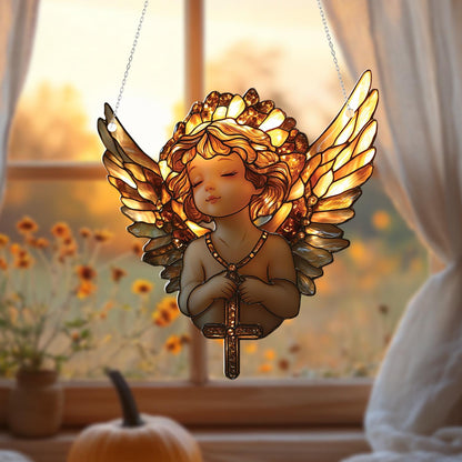 Angel Window Hanging Cross Decor – Spiritual Guardian Angel Ornament for Home, Fall Faith Gift, Memorial Christian Art for Window Display