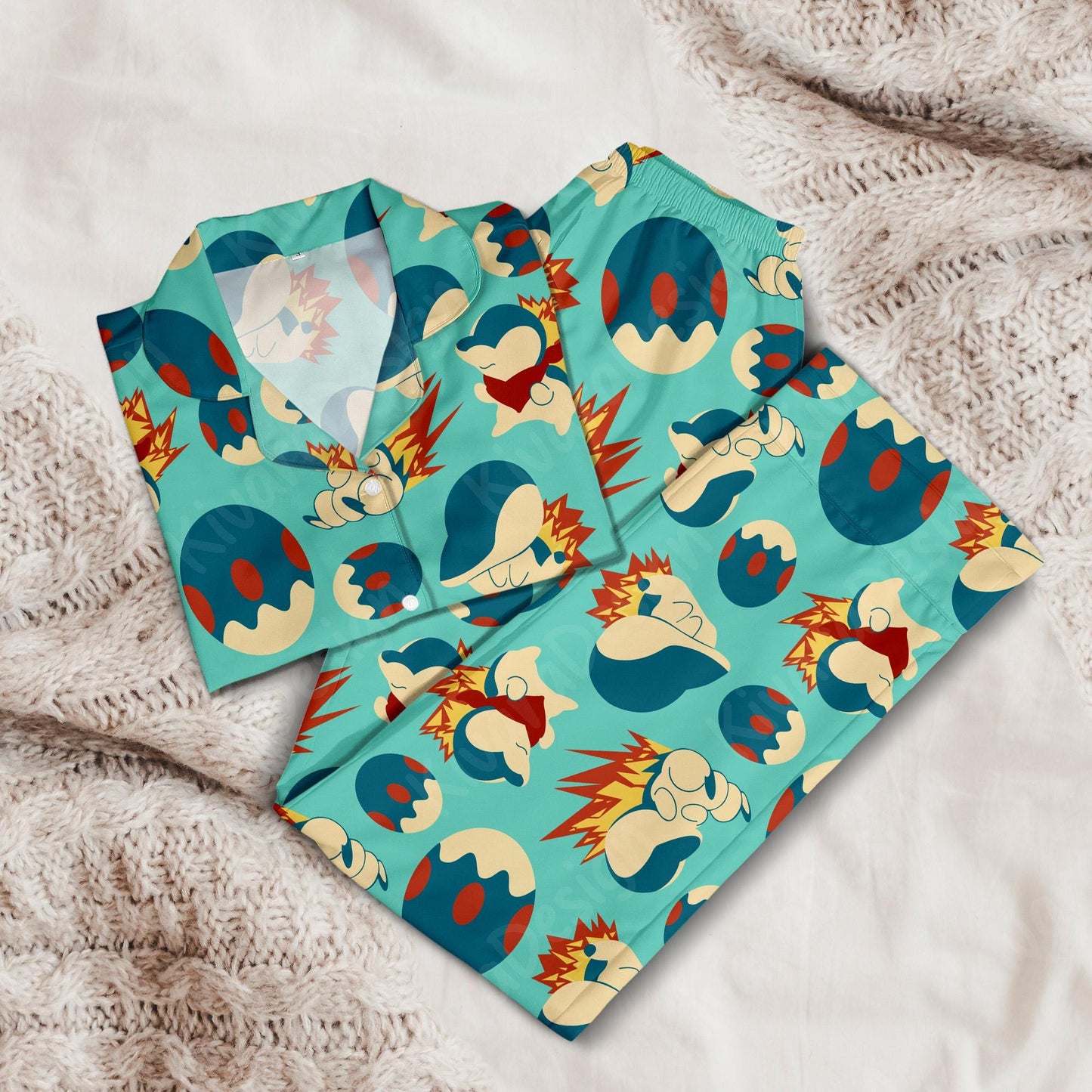 Cyndaquil Pajamas Set Cute Anime Shirt for Adult Fans - Pajama Set - Kawaii Gift for Fans