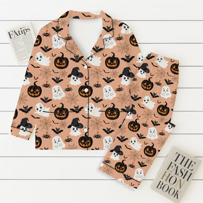 Halloween Witch Ghost Pumpkin Pajamas Set, Halloween Pattern Homewear, Spooky Pumpkin Loungewear, Cute Ghost Sleepwear, Halloween Nightwear
