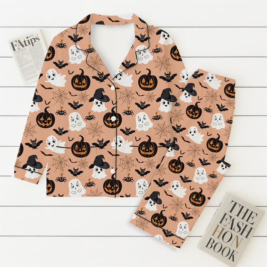 Halloween Witch Ghost Pumpkin Pajamas Set, Halloween Pattern Homewear, Spooky Pumpkin Loungewear, Cute Ghost Sleepwear, Halloween Nightwear