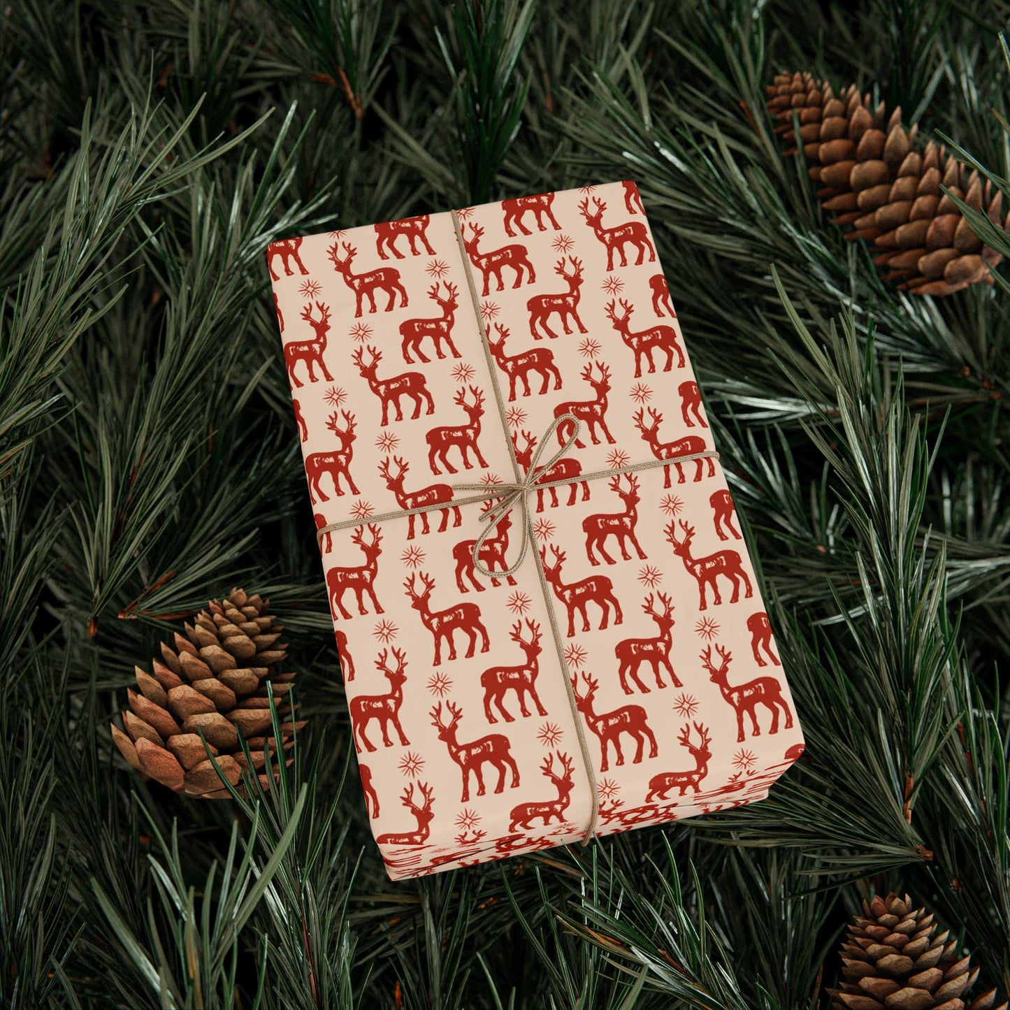 Retro Christmas Wrapping Paper Roll, Xmas Deers Vintage Style Holiday Wrap, Nordic Christmas Gift Design
