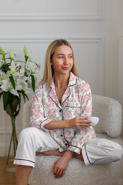 Satin Pajama Set – Bridgerton-Inspired Bridal Sleepwear | Rose Floral Silk Pajamas for Bride & Bridesmaids