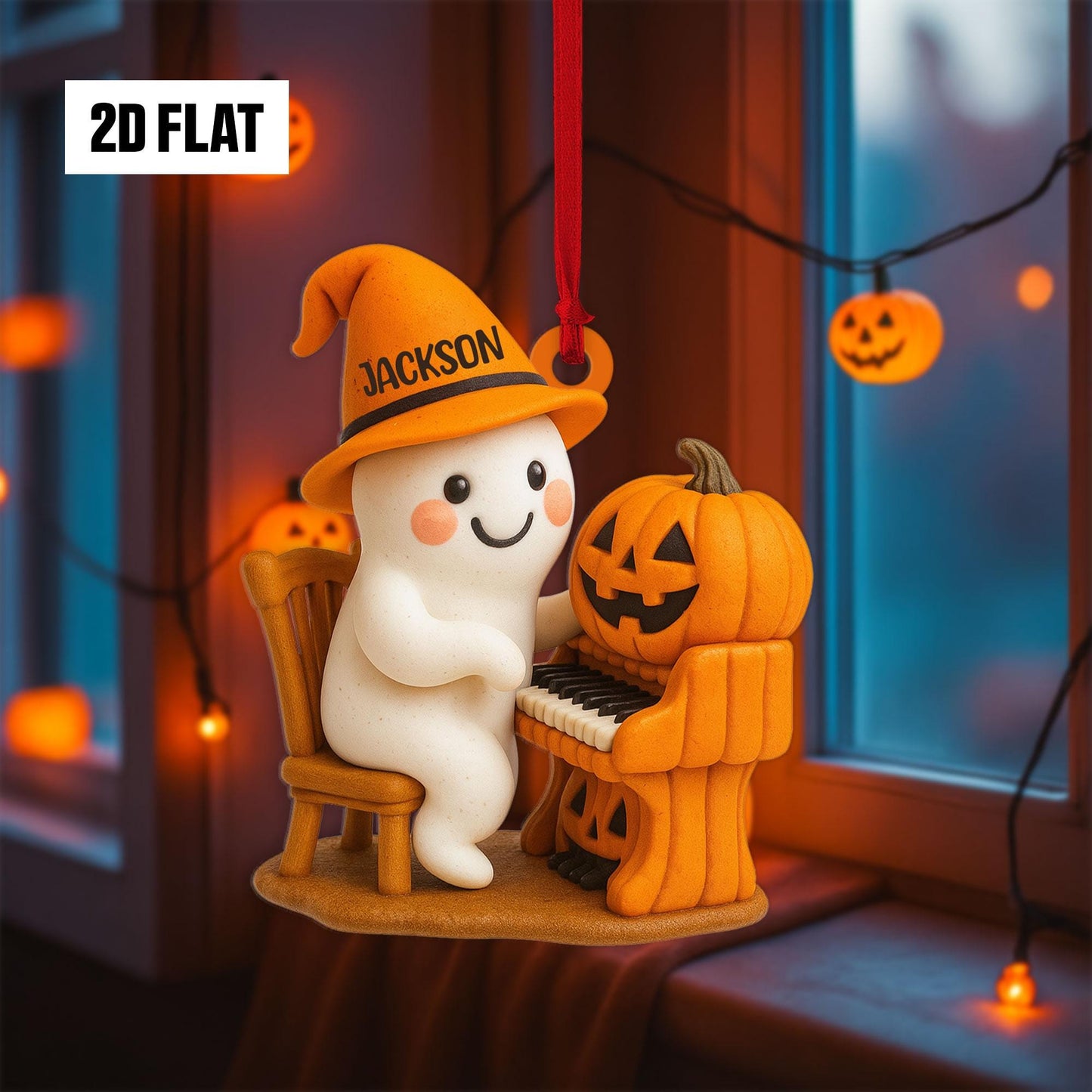 Personalized Halloween Ornament – Cute Ghost With Pumpkin Piano, Custom Name, 2D Flat Design, Fun And Spooky Halloween Hanging Window