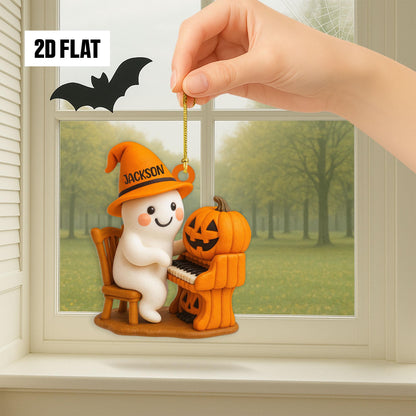 Personalized Halloween Ornament – Cute Ghost With Pumpkin Piano, Custom Name, 2D Flat Design, Fun And Spooky Halloween Hanging Window