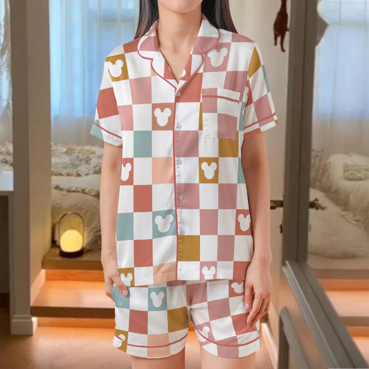 Checkered Mickey Pajama Set, Checkered Magic Kingdom Sleepwear, Classic Checker Mickey Mouse Pjs, Retro Mickey Checkered Loungewear Set