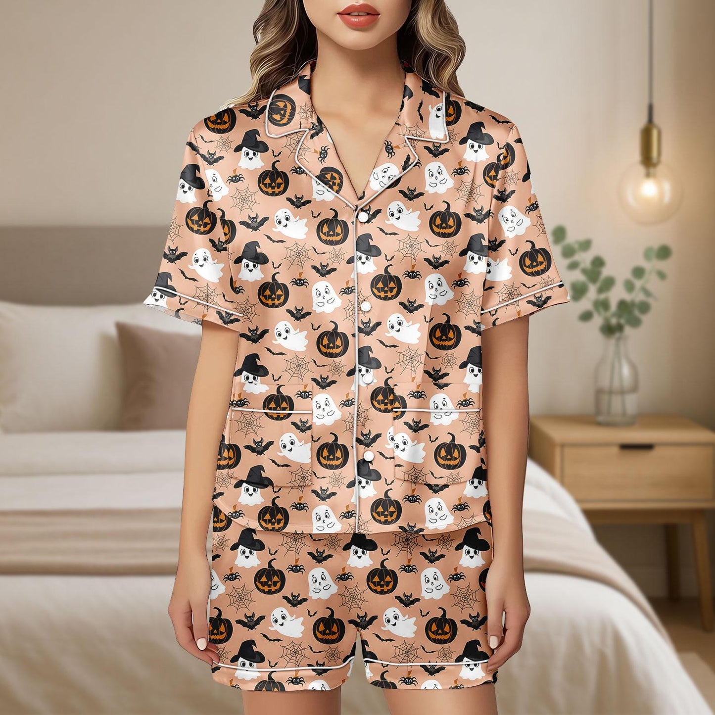 Pumpkin Satin Pajamas, Spooky Cute Pajamas Set, Pumpkin Ghost Pajamas, Soft Halloween Christmas Pajamas, Gift For Her, Birthday Gift