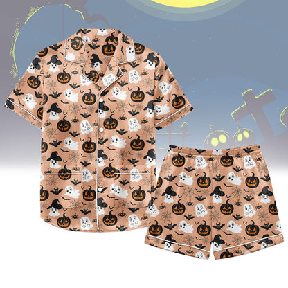 Pumpkin Satin Pajamas, Spooky Cute Pajamas Set, Pumpkin Ghost Pajamas, Soft Halloween Christmas Pajamas, Gift For Her, Birthday Gift