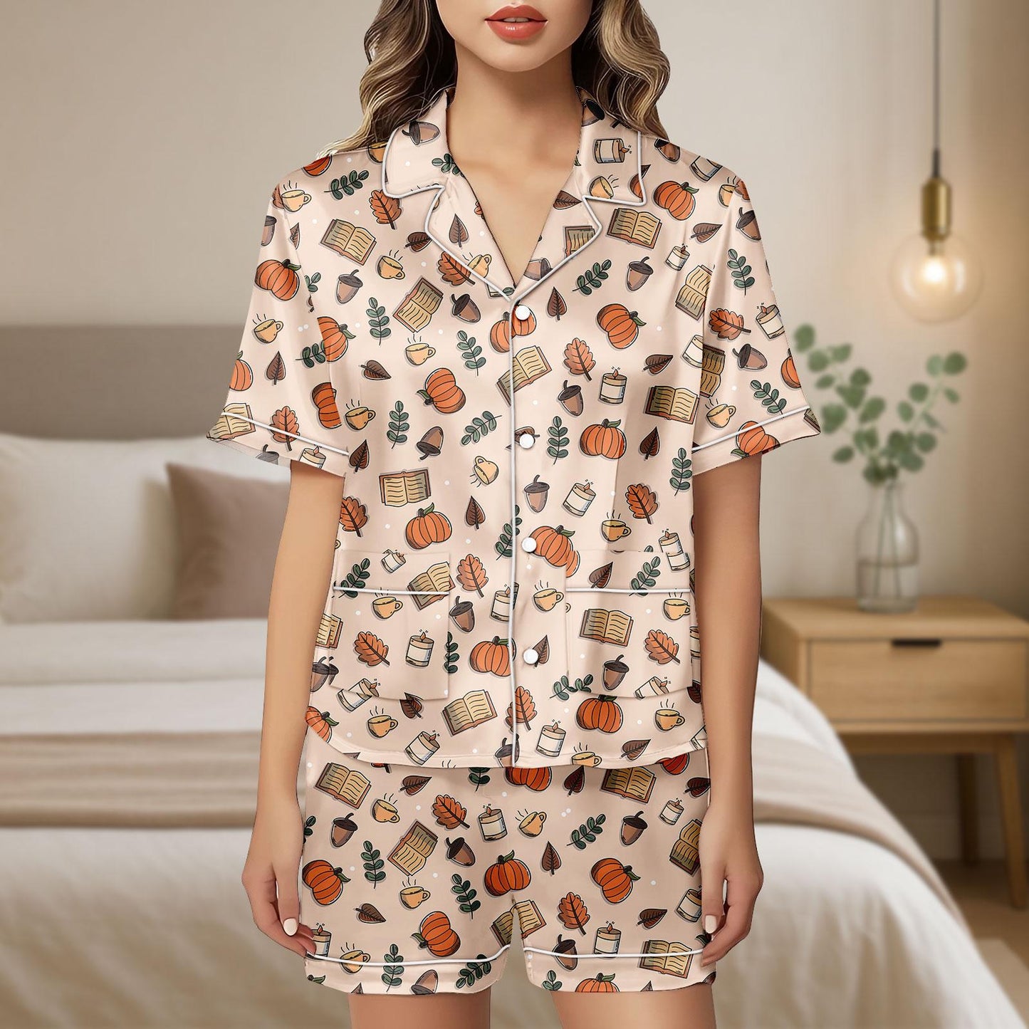 Cozy Fall Aesthetic Satin Pajamas, Autumn Pajamas Set, Autumn Pajamas, Cozy Fall Christmas Pajamas, Gift For Her, Birthday Gift