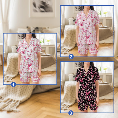 Breast Cancer Awareness Pajama Set, Pink Ribbon Butterfly Floral Sleepwear, Cancer Warrior Pajamas Short or Long Sleeve, Cancer Support PJs