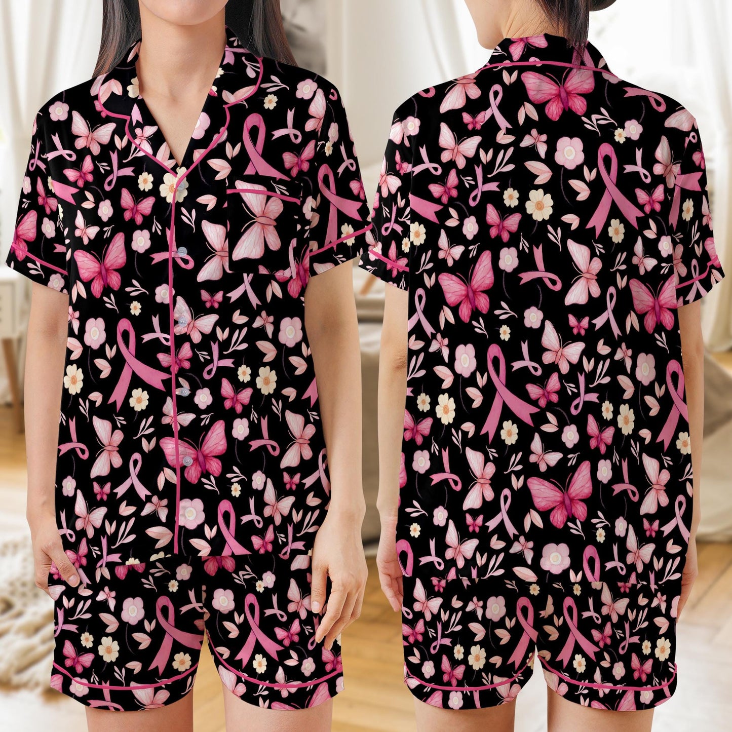 Breast Cancer Awareness Pajama Set, Pink Ribbon Butterfly Floral Sleepwear, Cancer Warrior Pajamas Short or Long Sleeve, Cancer Support PJs