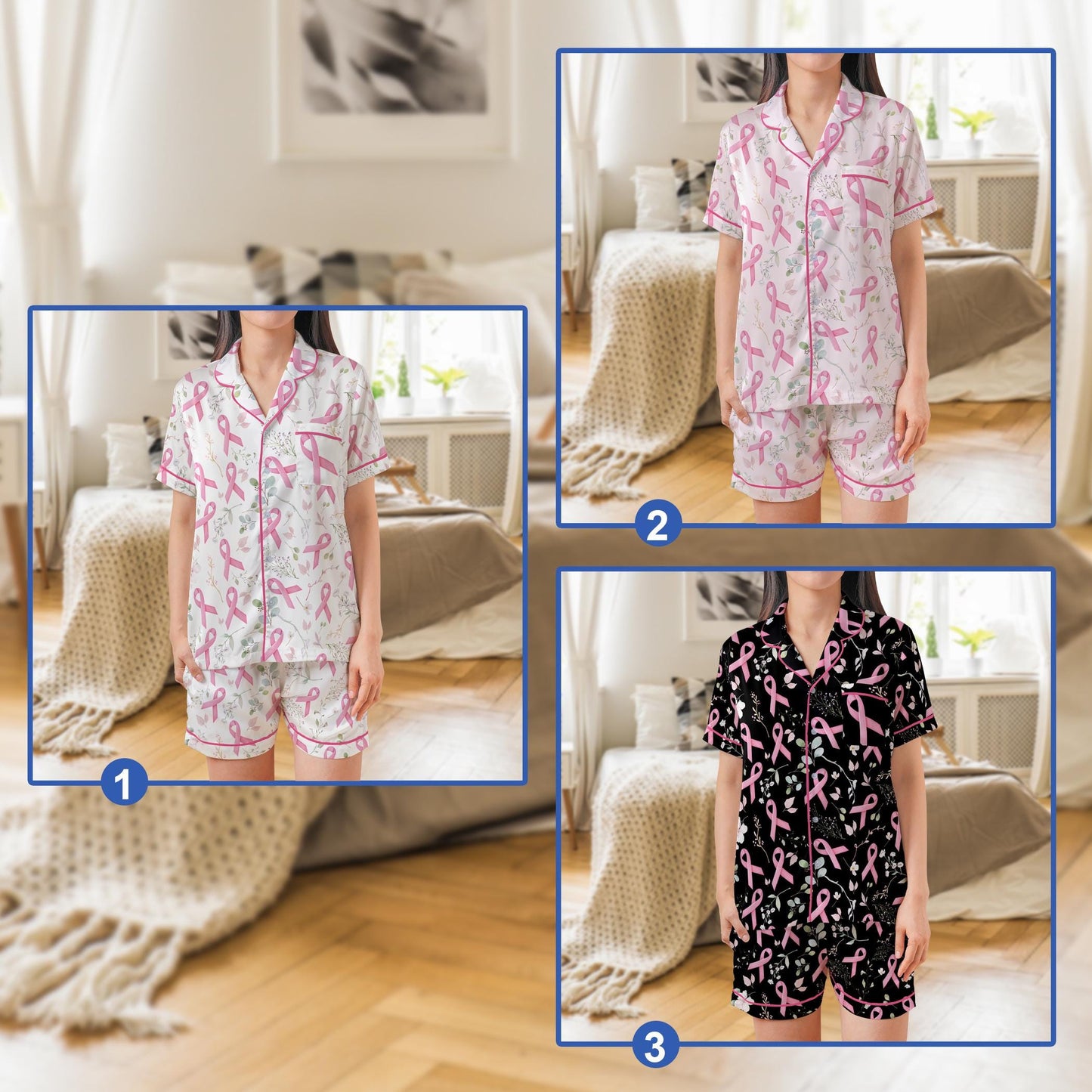 Breast Cancer Awareness Pajama Set, Pink Ribbon Floral Sleepwear for Women, Survivor Gift, Cancer Support Loungewear Short or Long Sleeve