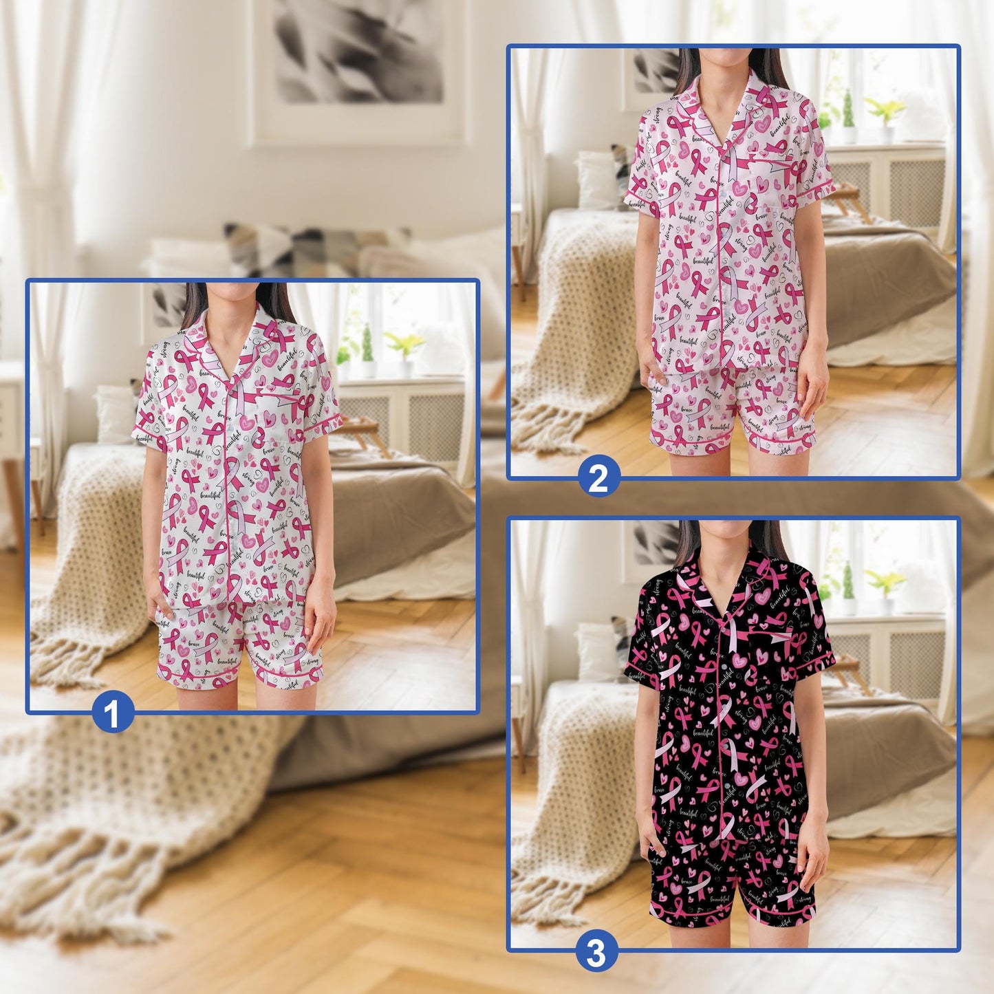 Brave Strong Beautiful Pink Ribbon Pajama Set, Breast Cancer Awareness Sleepwear, Breast Cancer Support PJs Gift for Fighters, Survivors