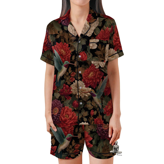 Hummingbird Pajamas Set Short Sleeves, Bird Lover Woman's Satin Pajama Short Sleeve Gift Birdwatching