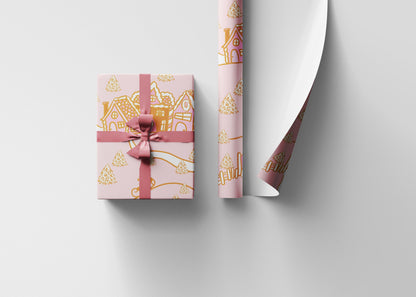 Retro Christmas village Wrapping Paper Roll, Xmas Groovy Style Holiday Wrap, Pink Nordic Christmas Gift Design