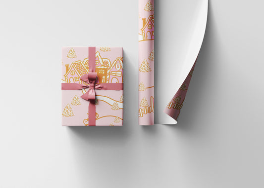 Retro Christmas village Wrapping Paper Roll, Xmas Groovy Style Holiday Wrap, Pink Nordic Christmas Gift Design