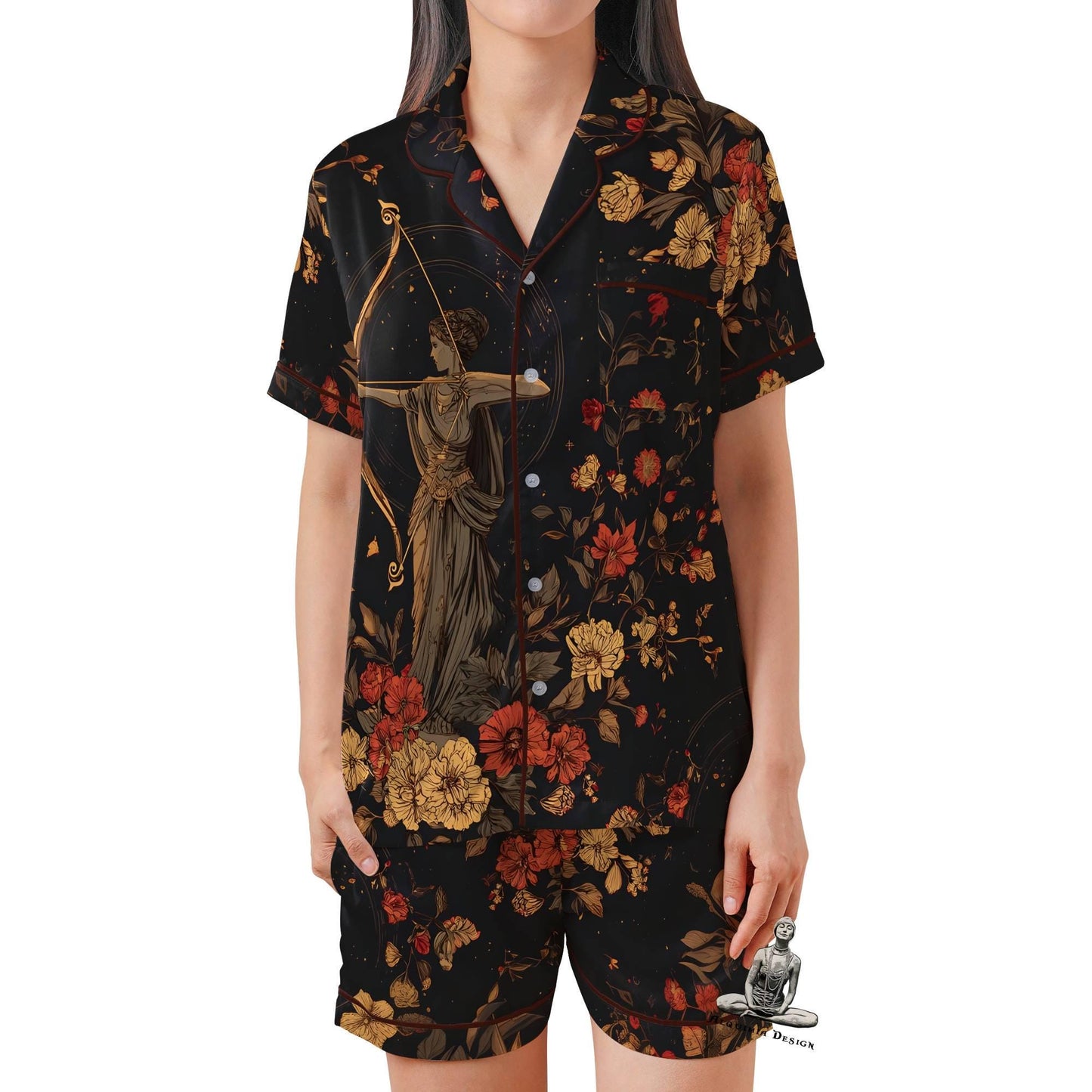 Artemis Pajamas Set Short Sleeves, Artemis Greek Goddess Woman's Satin Pajama Short Sleeve Gift