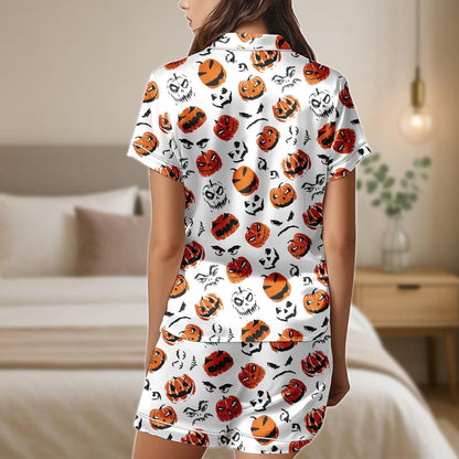 Pumpkin Face Halloween Pajama Set, Spooky Jack O Lantern Satin PJs, Orange Black Short Sleeve Sleepwear, Scary Cute Lounge Set
