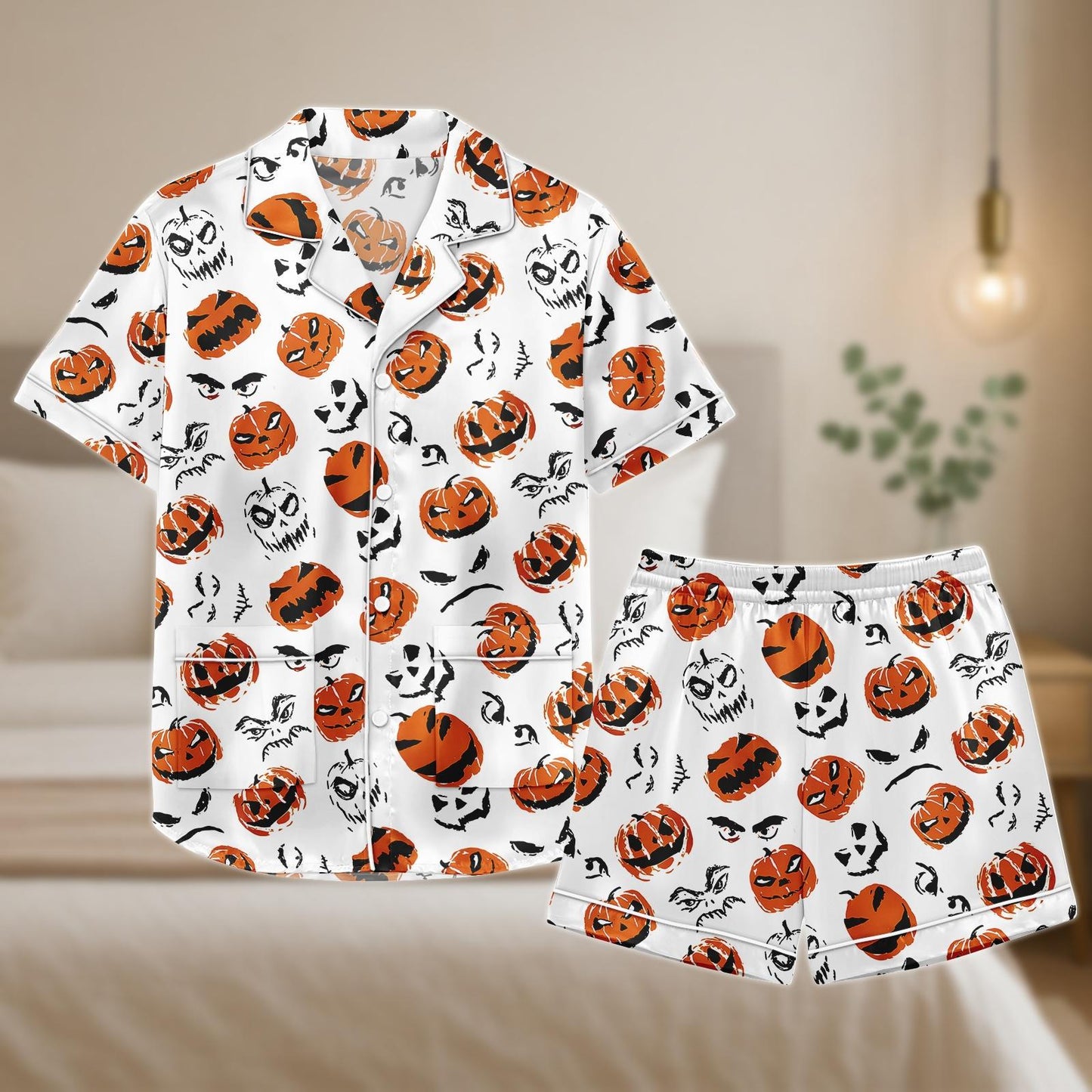 Pumpkin Face Halloween Pajama Set, Spooky Jack O Lantern Satin PJs, Orange Black Short Sleeve Sleepwear, Scary Cute Lounge Set