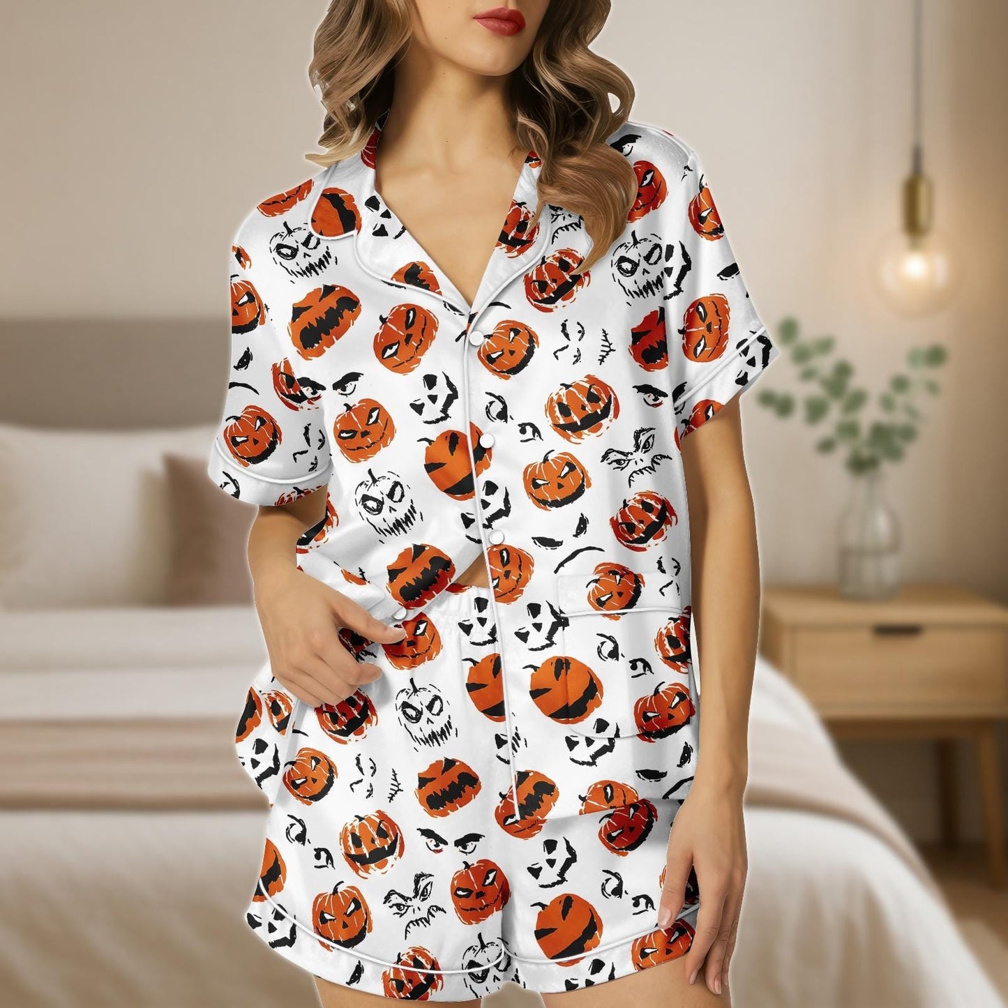 Pumpkin Face Halloween Pajama Set, Spooky Jack O Lantern Satin PJs, Orange Black Short Sleeve Sleepwear, Scary Cute Lounge Set