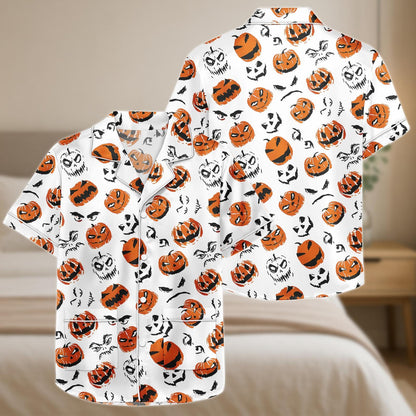 Pumpkin Face Halloween Pajama Set, Spooky Jack O Lantern Satin PJs, Orange Black Short Sleeve Sleepwear, Scary Cute Lounge Set