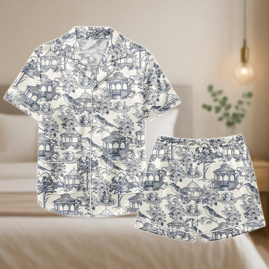 Tea Garden Satin Pajama Set, Navy Toile Print Shorts and Shirt, Bird Gazebo Floral Sleepwear, Cottagecore Lounge Gift for Her