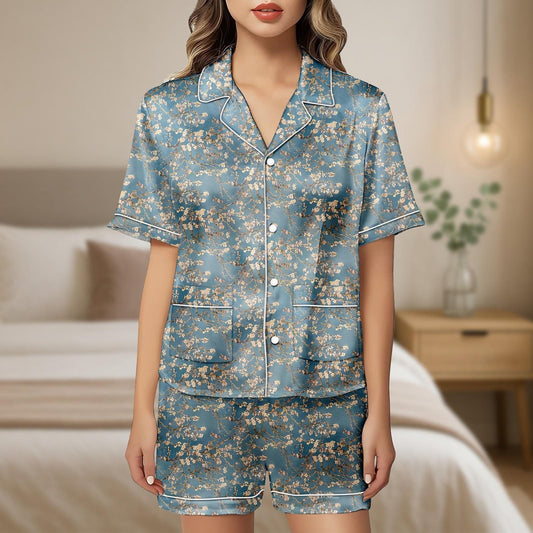 Dusty Blue Floral Satin Pajama Set, Cherry Blossom Print Shorts and Shirt, Cottagecore Lounge Sleepwear, Spring Gift for Her