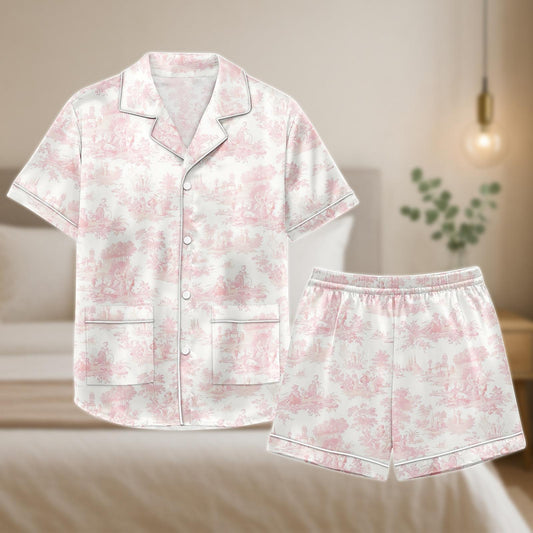Pink Toile Satin Pajama Set, Vintage Pastoral Print Shorts and Shirt, Cottagecore Lounge Sleepwear, Romantic Gift for Her