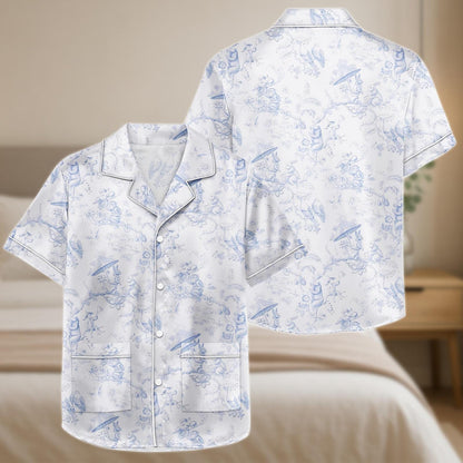 Oriental Toile Satin Pajama Set, Umbrella Fan Scene Print Shorts and Shirt, Blue Line Art Sleepwear, Lightweight Lounge Gift