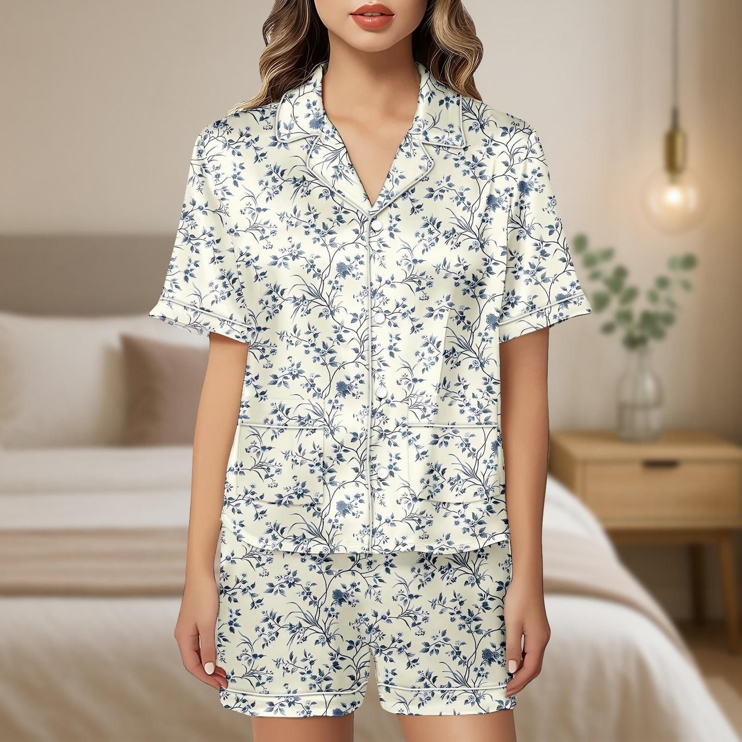 Blue Vine Floral Satin Pajama Set, Soft Short Sleeve Sleepwear for Women, Elegant Summer Pajamas with Shorts, Botanical Print